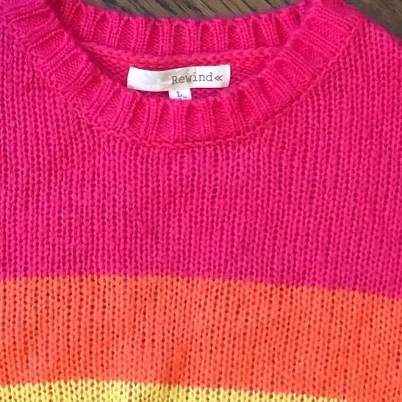 REWIND Womens Bold Rugby Stripe Colorful Lightweight Crewneck Sweater Sz Large - Picture 8 of 8